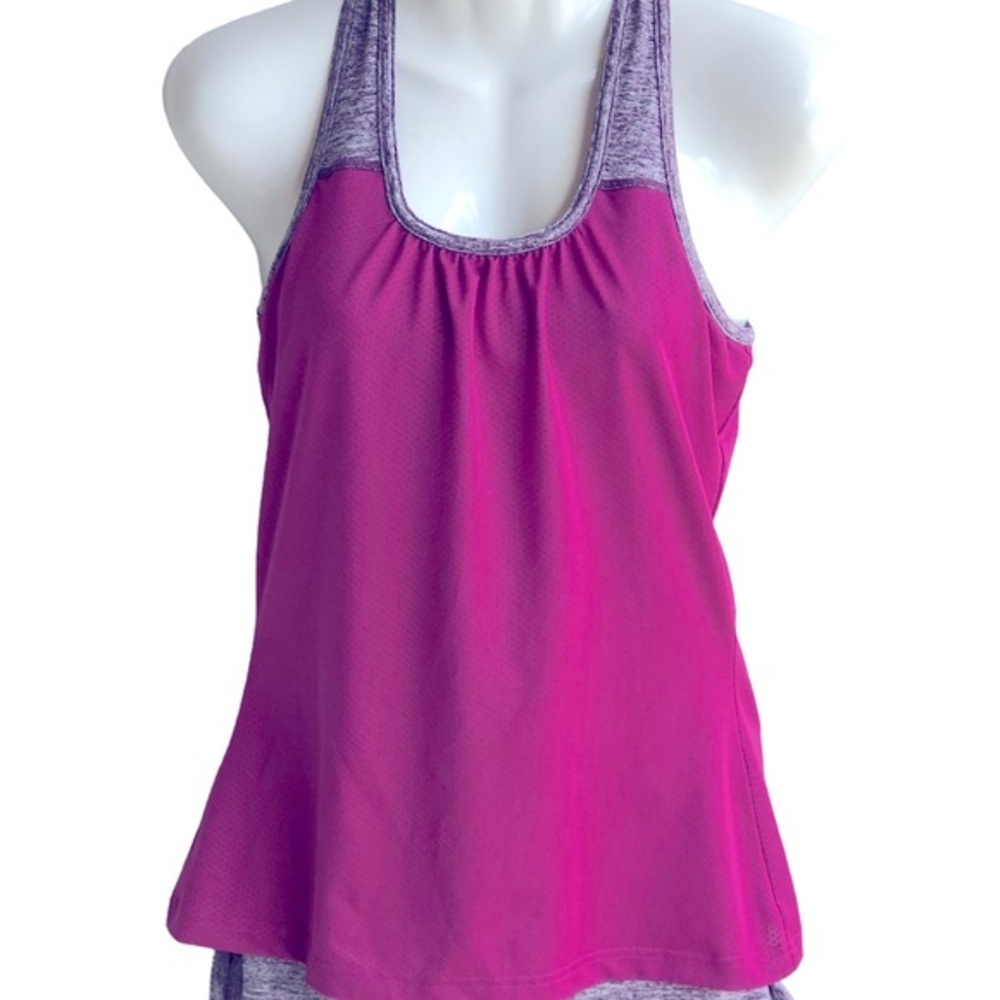 Aspire Women X Small Pink Over Purple Layered Athletic Racerback Tank Top.